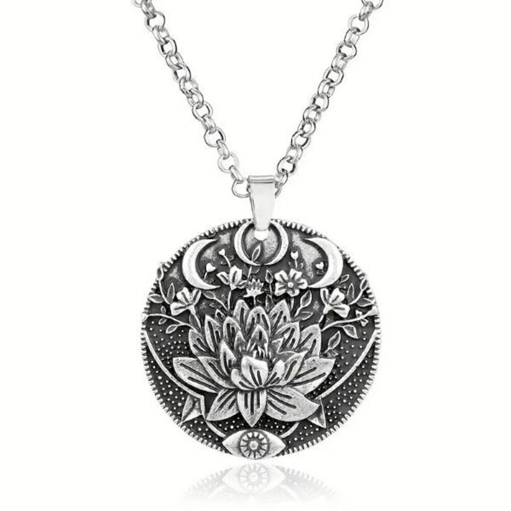 Triple Moon Goddess Lotus Flower and Protection Evil Eye Stainless Steel Unisex